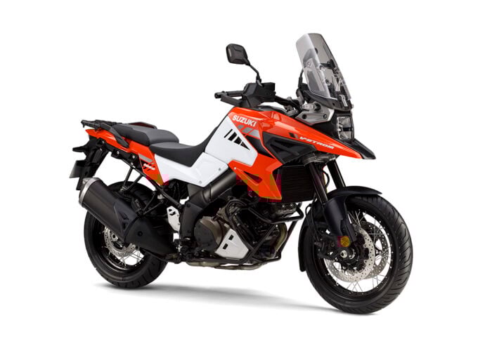 Moto trail Suzuki V-Strom rouge et blanche