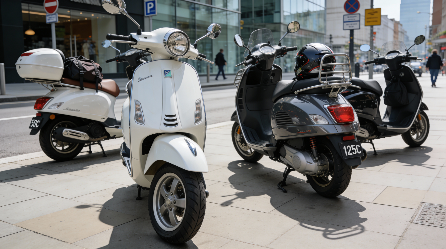 Photo de plusieurs scooters 50 et 125 cc dans la ville