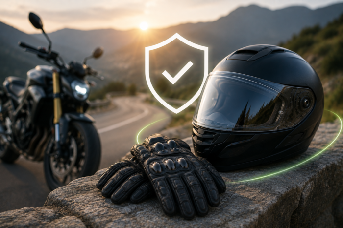 Casque et gants de moto prot&eacute;g&eacute;s par une garantie d&rsquo;assurance