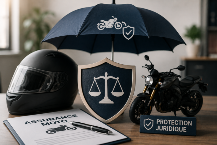 Protection juridique en assurance moto avec casque, moto et symbole de la justice
