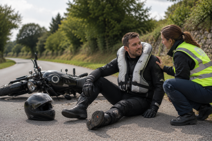 Motard pris en charge apr&egrave;s une chute avec un gilet airbag de protection