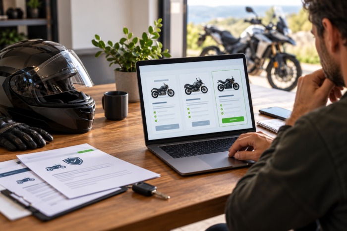 Motard comparant plusieurs offres d’assurance moto sur son ordinateur pour choisir un nouvel assureur et changer de contrat.